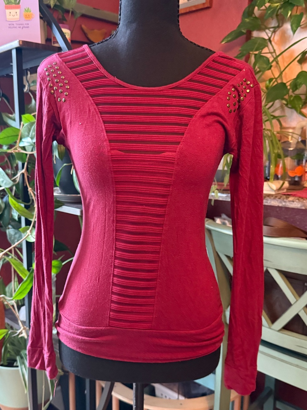 Long Sleeve Ribbed Accent Top in Burgundy with Stud Detail